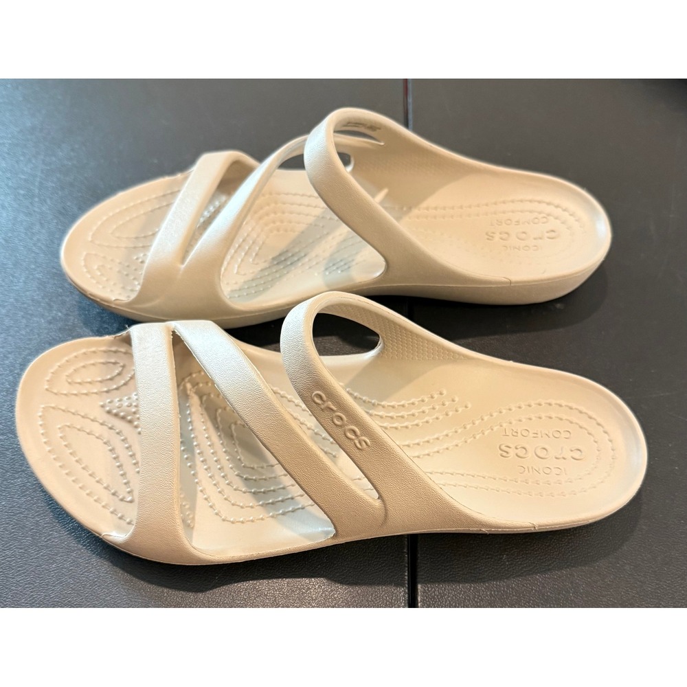 Crocs Womens 7 Kadee II Sandal Beige Strappy Slip On Slides Casual Comfort